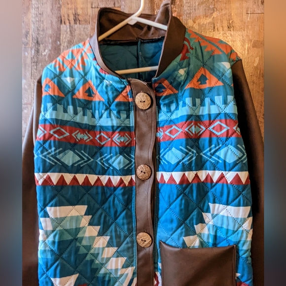 New Handcrafted By Donna Originals Aztec Blue Coat With Faux Suede Sleeves - Picture 2 of 15